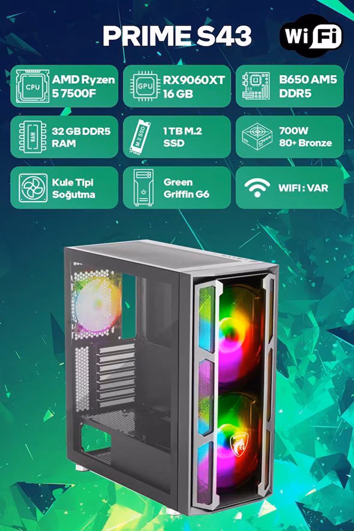 Game Garaj Prime S43 AMD Ryzen 5 7500F 32GB RAM 1TB SSD RX9060XT 16GB FreeDOS Oyuncu OEM Paket